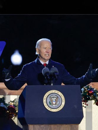 US President Joe Biden speaks during the National Christmas Tree Lighting at the Ellipse south of the White House in Washington, DC, on December 5, 2024. (Photo by amid farahi / AFP) (Photo by AMID FARAHI/AFP via Getty Images)