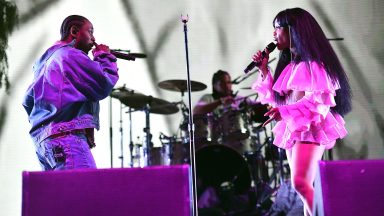   Rappers Kendrick Lamar (L) and SZA (R) perform on the Coachella stage during week 1, day 1 of the Coachella  Valley Music And Arts Festival on April 13, 2018 in Indio, California.  (Photo by Scott Dudelson/Getty Images for Coachella  )