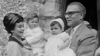 English actors Joan Plowright, holding son Richard, and Laurence Olivier (1907-1989) pictured attending the christening of their daughter Tamsin at a church in England on 15th July 1963. (Photo by Stanley Sherman/Express/Hulton Archive/Getty Images)