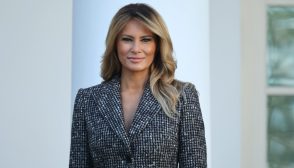 WASHINGTON, DC - NOVEMBER 24: First lady Melania Trump looks on as U.S. President Donald Trump prepares to give the National Thanksgiving Turkey Corn a presidential pardon during the traditional event in the Rose Garden of the White House November 24, 2020 in Washington, DC. The turkey pardon was made official in 1989 under former President George H.W. Bush, who was continuing an informal tradition started by President Harry Truman in 1947.  (Photo by Chip Somodevilla/Getty Images)