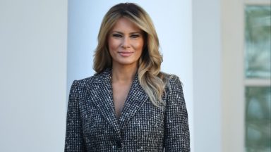  First lady Melania Trump looks on as U.S. President Donald Trump prepares to give the National Thanksgiving Turkey Corn a presidential pardon during the traditional event in the Rose Garden of the White House November 24, 2020 in Washington, DC. The turkey pardon was made official in 1989 under former President George H.W. Bush, who was continuing an informal tradition started by President Harry Truman in 1947.  (Photo by Chip Somodevilla/Getty Images)