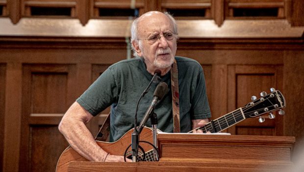 American Folk musician Peter Yarrow plays acoustic guitar as he performs, during the Vietnam Peace Commemoration Committee's October 2017 Conference, at the Western Presbyterian Church, Washington DC, October 21, 2017. The Conference, titled 'From Protest to Resistance,' marked the 50th anniversary of the March on the Pentagon. (Photo by Howard Ruffner/Getty Images)