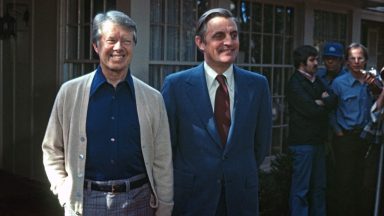 US President-elect Jimmy Carter (left) and Vice President-elect Walter Mondale (1928 - 2032) pose together, prior to a post-election press conference, Plains, Georgia, November 4, 1976. (Photo by Benjamin E. 'Gene' Forte/CNP/Getty Images)