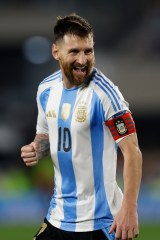 BUENOS AIRES, ARGENTINA - OCTOBER 15: Lionel Messi of Argentina celebrates with teammates after scoring the team's fifth goal during the FIFA World Cup 2026 South American Qualifier match between Argentina and Bolivia at Estadio Más Monumental Antonio Vespucio Liberti on October 15, 2024 in Buenos Aires, Argentina. (Photo by Gustavo Ortiz/Jam Media/Getty Images)