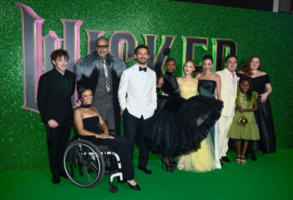 LONDON, ENGLAND - NOVEMBER 18: (L-R) Ethan Slater, Marissa Bode, Jeff Goldblum, Jonathan Bailey, Cynthia Erivo, Ariana Grande, Michelle Yeoh, Bowen Yang, Karis Musongole and Bronwyn James attend the "Wicked: Part One" European Premiere at The Royal Festival Hall on November 18, 2024 in London, England. (Photo by Gareth Cattermole/Getty Images)