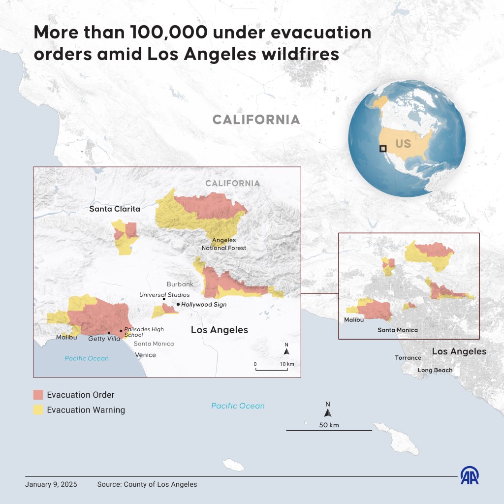 ANKARA, TURKIYE - JANUARY 9: An infographic titled "More than 100,000 under evacuation orders amid Los Angeles wildfires" created in Ankara, Turkiye on January 9, 2025. (Photo by Elif Acar/Anadolu via Getty Images)