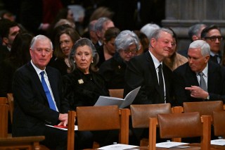 (L-R) Former US Vice President Dan Quayle, his wife, Marilyn Quayle, former Vice President Al Gore, and former Vice President Mike Pence attend the State Funeral Service for former US President Jimmy Carter at the Washington National Cathedral in Washington, DC, on January 9, 2025. (Photo by Ricky Carioti / POOL / AFP)