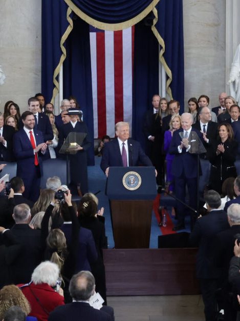 WASHINGTON, DC - JANUARY 20: U.S. President Donald Trump delivers his inaugural address during his inauguration ceremony in the U.S. Capitol Rotunda on January 20, 2025 in Washington, DC. Donald Trump takes office for his second term as the 47th President of the United States. (Photo by Fabrizio Bensch-Pool/Getty Images)