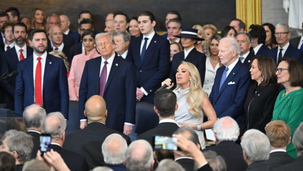 WASHINGTON, DC - JANUARY 20:  Singer Carrie Underwood performs "America the Beautiful" after President Donald Trump was sworn in  at the U.S. Capitol Rotunda on January 20, 2025 in Washington, DC. Donald Trump takes office for his second term as the 47th president of the United States. (Photo by Saul Loeb - Pool/Getty Images)