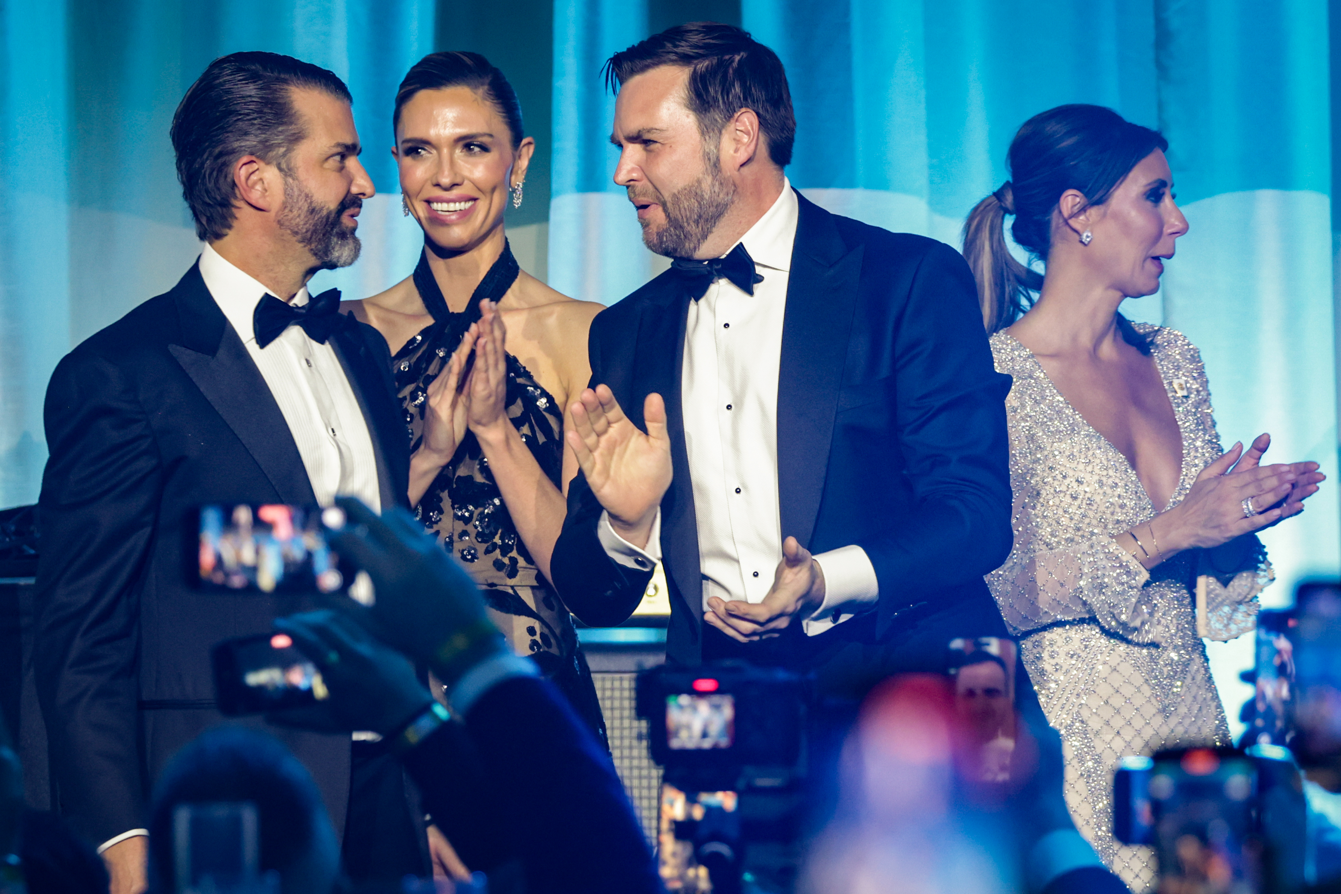  (from left to right) Donald Trump Jr., Bettina Anderson, U.S. Vice President-elect JD Vance, and Alina Habba, Senior Advisor to President Donald J. Trump, attend the Turning Point USA Inaugural-Eve Ball at the Salamander Hotel on January 19, 2025 in Washington, DC. (Photo by Samuel Corum/Getty Images)