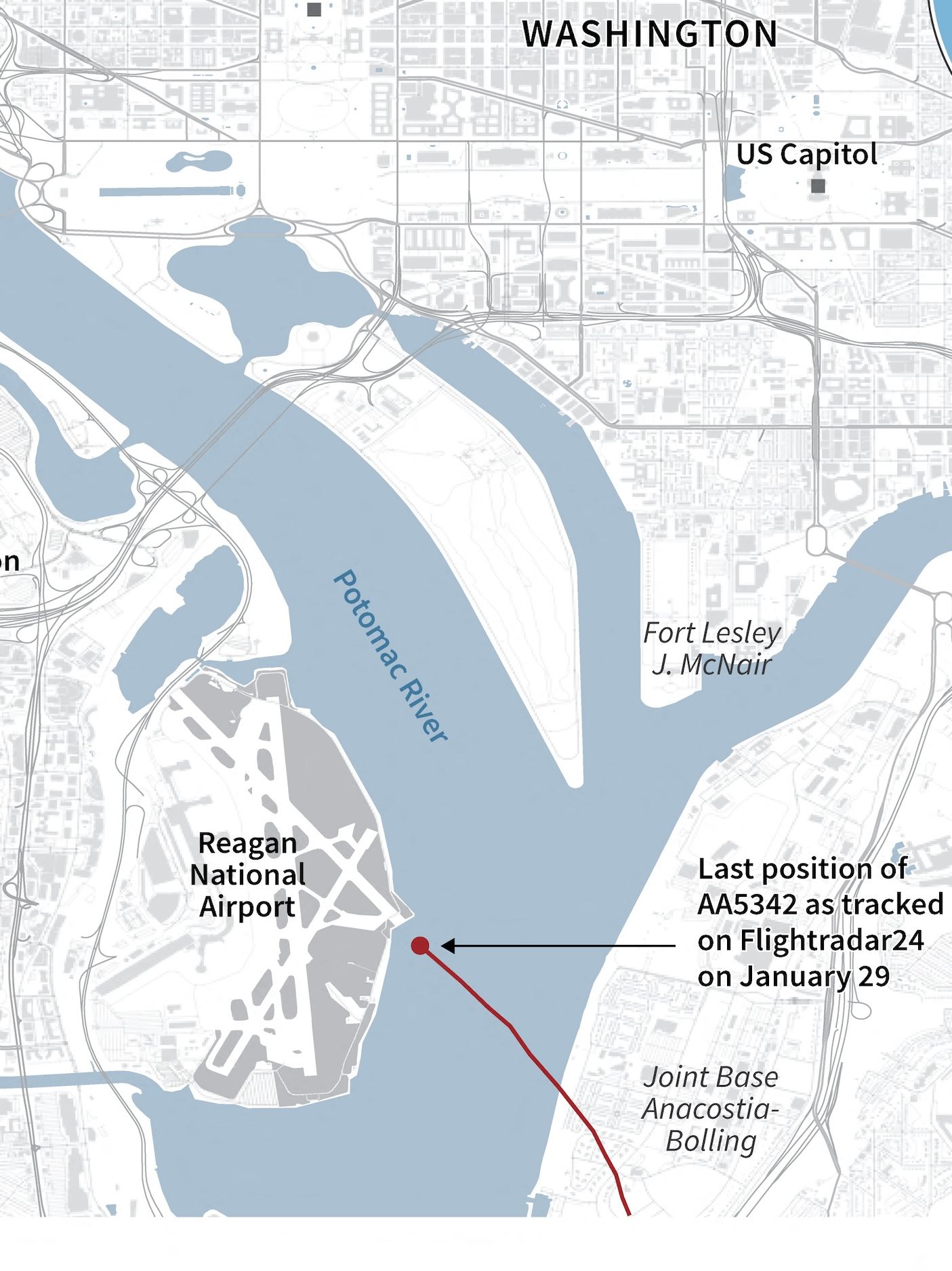 Map showing the final moments of an American Airlines passenger plane just before it collided mid-air with a military helicopter and crashed into the Potomac River in Washington DC on Wednesday January 29 (Photo by John SAEKI / AFP)
