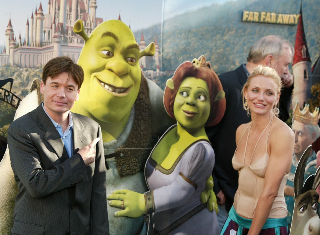 Mike Myers, Shrek, Fiona and Cameron Diaz during "Shrek 2" Los Angeles Premiere - Arrivals at Mann Village in Westwood, California, United States. (Photo by Chris Polk/FilmMagic)