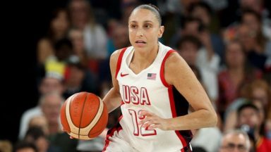 PARIS, FRANCE - AUGUST 09: Diana Taurasi #12 of Team United States dribbles up court during a Women's semifinal match between Team United States and Team Australia on day fourteen of the Olympic Games Paris 2024 at Bercy Arena on August 09, 2024 in Paris, France. (Photo by Gregory Shamus/Getty Images)