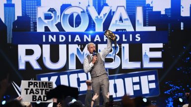 INDIANAPOLIS, INDIANA - JANUARY 31: The Undisputed WWE Champion, Cody Rhodes on stage during the Royal Rumble Kickoff Show at Gainbridge Fieldhouse on January 31, 2025 in Indianapolis, Indiana. (Photo by WWE/WWE via Getty Images)