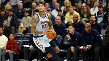  Kyle Kuzma #33 of the Washington Wizards dribbles the ball against the Minnesota Timberwolves in the fourth quarter at Target Center on February 01, 2025 in Minneapolis, Minnesota. The Wizards defeated the Timberwolves 105-103. NOTE TO USER: User expressly acknowledges and agrees that, by downloading and or using this photograph, User is consenting to the terms and conditions of the Getty Images License Agreement. (Photo by David Berding/Getty Images)