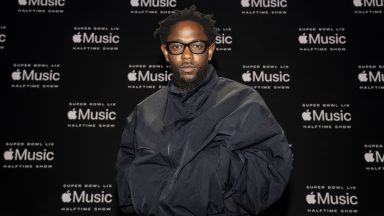   Kendrick Lamar pose for a photo onstage at the Super Bowl LVIX Pregame & Apple Music Super Bowl LVIX Halftime Show Press Conference at Ernest N. Morial Convention Center on February 06, 2025 in New Orleans, Louisiana.  (Photo by Michael Owens/Getty Images)