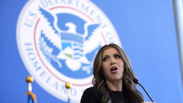 Homeland Security Secretary Kristi Noem speaks to employees at the Department of Homeland Security, Tuesday, Jan. 28, 2025, in Washington. (AP Photo/Manuel Balce Ceneta)
