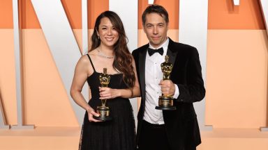   (L-R) Samantha Quan and Sean Baker attend the 2025 Vanity Fair Oscar Party Hosted By Radhika Jones at Wallis Annenberg Center for the Performing Arts on March 02, 2025 in Beverly Hills, California.  (Photo by Jamie McCarthy/WireImage)