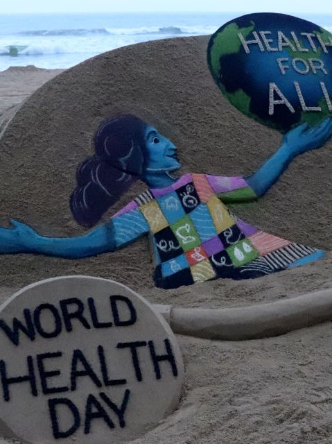 A sand sculpture is seen at the Bay of Bengal Sea's eastern coast beach at Puri for visitors awareness about the World Health Day as it is creating by Indian sand artist Sudarshan Patnaik , 65 km away from the eastern Indian state Odisha's capital city Bhubaneswa (Photo by STR/NurPhoto via Getty Images)