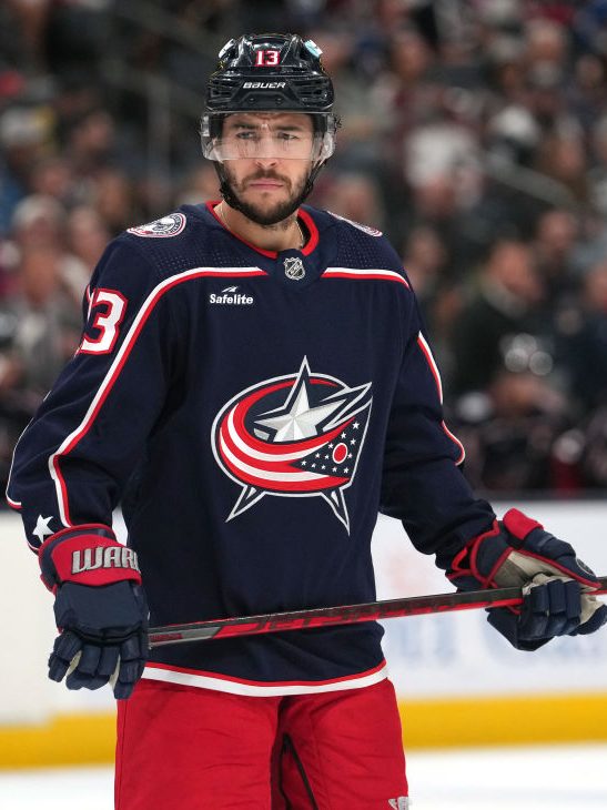 COLUMBUS, OHIO - APRIL 01: Johnny Gaudreau #13 of the Columbus Blue Jackets takes a break during a stoppage in play against the Colorado Avalanche at Nationwide Arena on April 01, 2024 in Columbus, Ohio. (Photo by Jason Mowry/Getty Images)