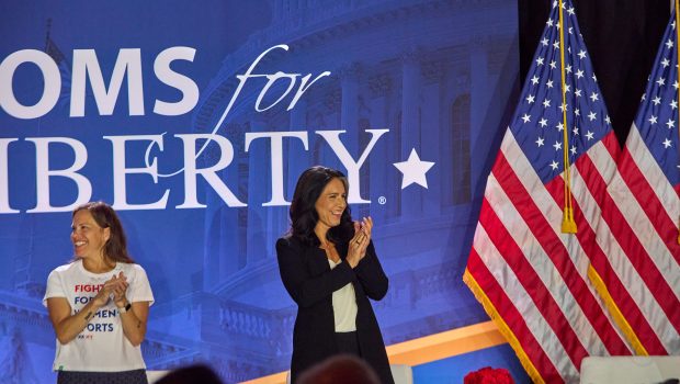 Tulsi Gabbard at the 2024 Mom's for Liberty National Summit in Washington D.C., Friday, August 30, 2024. (Photo by Dominic Gwinn / Middle East Images / Middle East Images via AFP) (Photo by DOMINIC GWINN/Middle East Images/AFP via Getty Images)