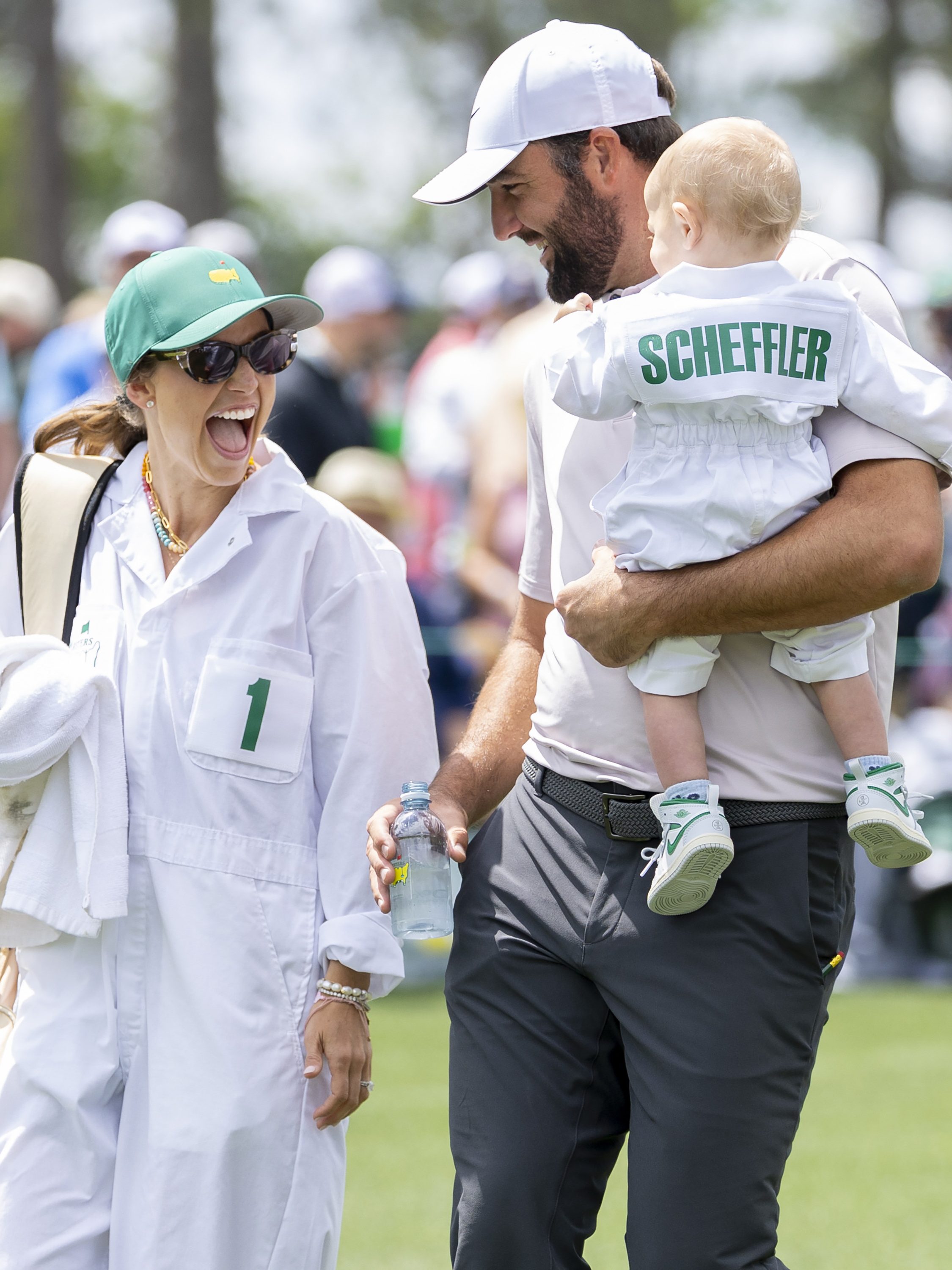 Masters champion Scottie Scheffler of the United States with his wife and son during the Par 3 Contest prior to the start of the 2025 Masters Tournament at Augusta National Golf Club, Wednesday, April 09, 2025. (Photo by Simon Bruty/Augusta National/Getty Images)