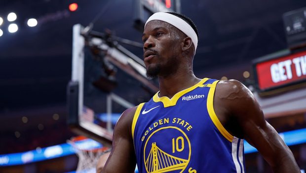 HOUSTON, TEXAS - APRIL 23: Jimmy Butler III #10 of the Golden State Warriors heads to the locker room in the first half after an injury against the Houston Rockets in Game Two of the Western Conference First Round NBA Playoffs at Toyota Center on April 23, 2025 in Houston, Texas. NOTE TO USER: User expressly acknowledges and agrees that, by downloading and or using this photograph, User is consenting to the terms and conditions of the Getty Images License Agreement. (Photo by Tim Warner/Getty Images)