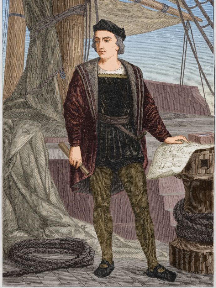 Circa 1475, Italian explorer Christopher Columbus (1451 - 1506) aboard a sailing ship. (Photo by Stock Montage/Getty Images)