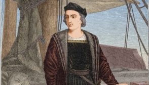 Circa 1475, Italian explorer Christopher Columbus (1451 - 1506) aboard a sailing ship. (Photo by Stock Montage/Getty Images)