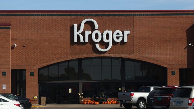 Kroger logo is seen on the shop in Streator, United States on October 15, 2022. (Photo by Jakub Porzycki/NurPhoto via Getty Images)