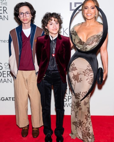 NEW YORK, NEW YORK - OCTOBER 06: (L-R) Max Muniz, Emme Muniz and Jennifer Lopez attends the "Kiss of the Spider Woman" New York Screening at The Shed on October 06, 2025 in New York City. (Photo by TheStewartofNY/WireImage)