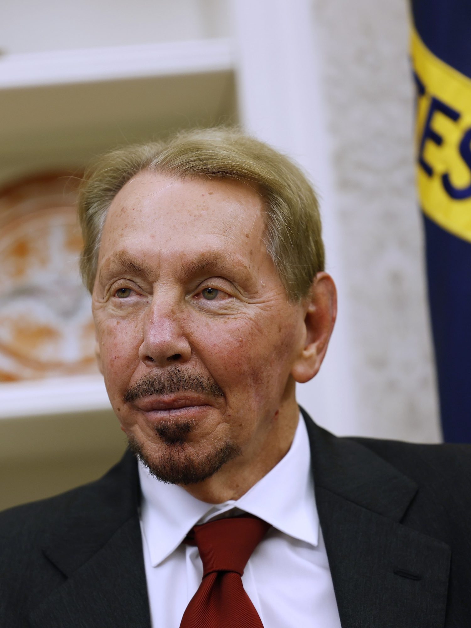 WASHINGTON, DC - FEBRUARY 03- Oracle CTO Larry Ellison listens as U.S. President Donald Trump speaks to reporters in the Oval Office of the White House on February 03, 2025 in Washington, DC. After signing a series of executive orders and proclamations, Trump spoke to reporters about a range of topics including recent negotiations with Mexico on tarriffs. (Photo by Anna Moneymaker/Getty Images)