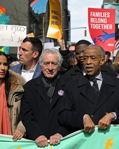 NEW YORK, NY - MARCH 28: Padma Lakshmi, Robert DeNiro and Rev. Al Sharpton are seen at the “No Kings” March on March 28, 2026 in New York City.  (Photo by Andrea Renault/Star Max/GC Images) *** Local Caption***Padma Lakshmi;Robert DeNiro;Rev. Al Sharpton