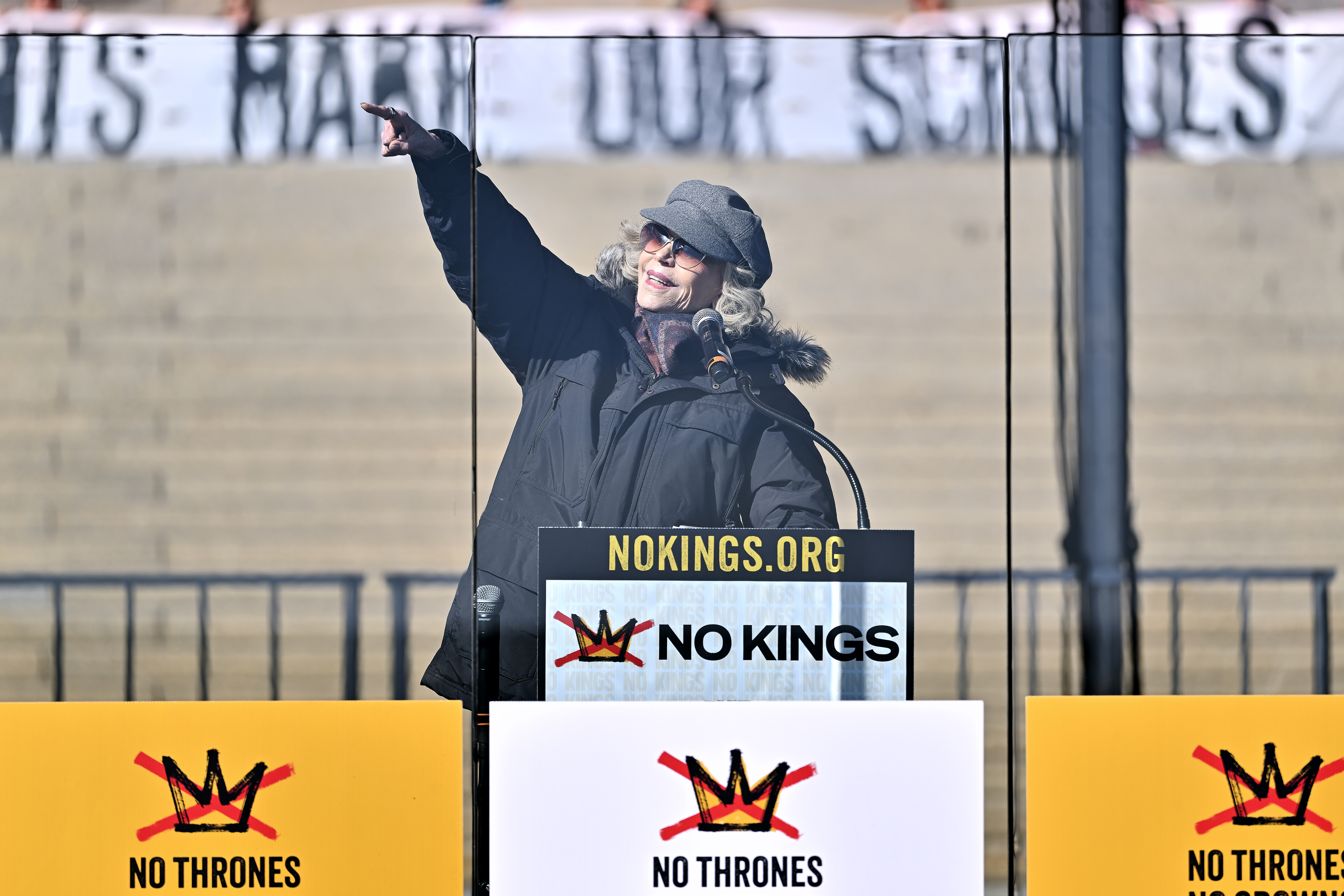 MINNEAPOLIS, MINNESOTA - MARCH 28: Jane Fonda speaks during the "No Kings" Rally Concert at the Minnesota State Capitol on March 28, 2026 in Minneapolis, Minnesota. (Photo by Astrida Valigorsky/Getty Images)