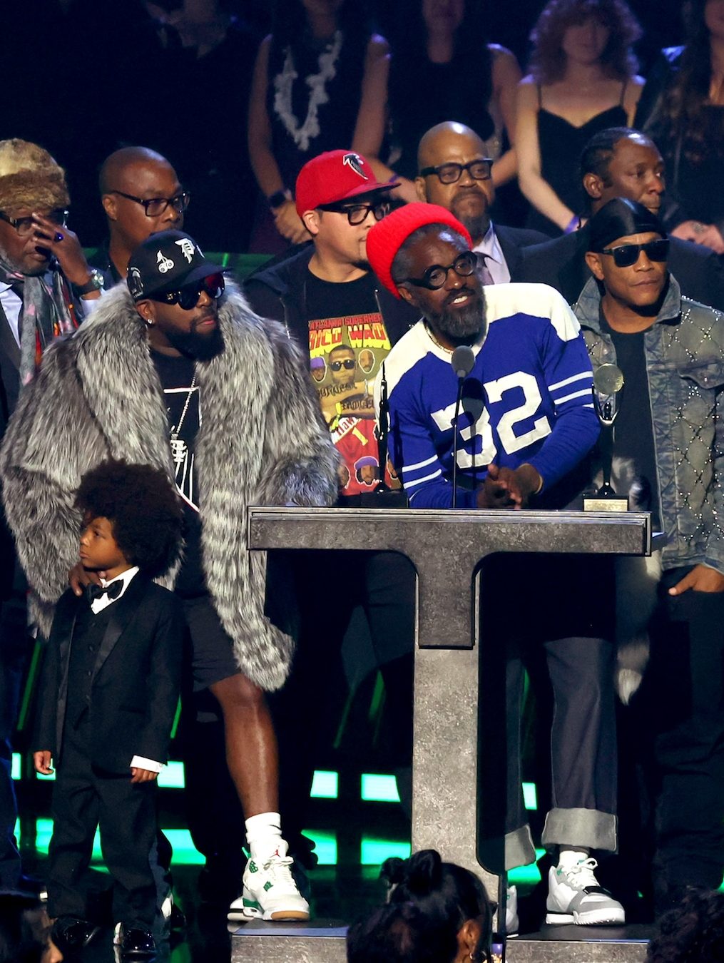 LOS ANGELES, CALIFORNIA - NOVEMBER 08: (Center L-R) Inductees Big Boi and André 3000 of Outkast speak onstage during the 2025 Rock & Roll Hall of Fame Induction Ceremony at Peacock Theater on November 08, 2025 in Los Angeles, California. (Photo by Kevin Kane/Getty Images for RRHOF)