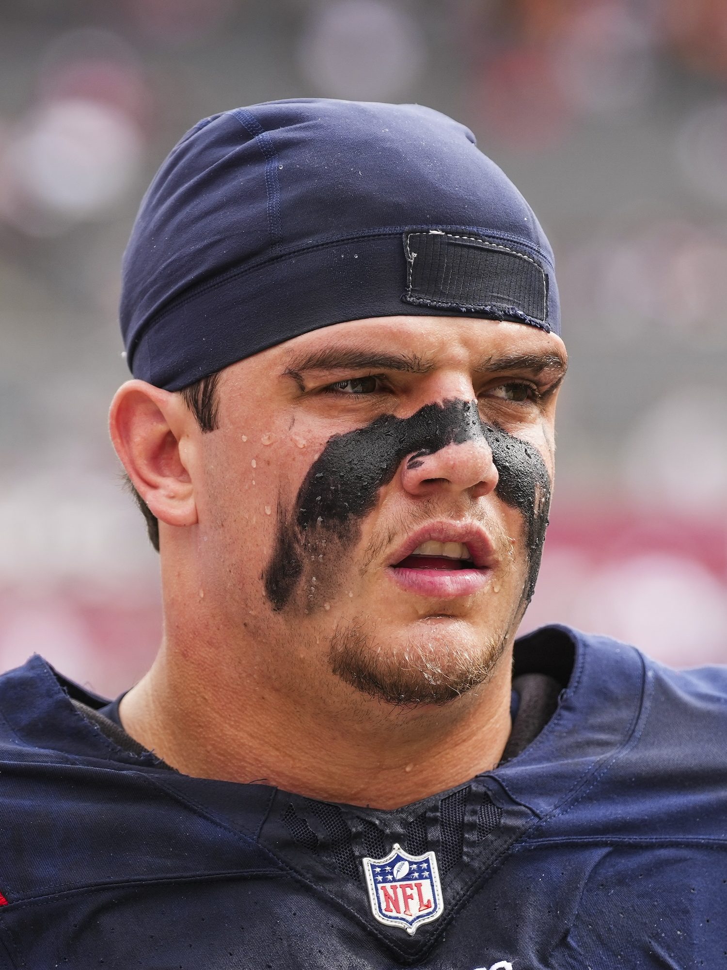 TAMPA, FLORIDA - NOVEMBER 09: Will Campbell #66 of the New England Patriots warms up prior to an NFL football game against the Tampa Bay Buccaneers at Raymond James Stadium on November 9, 2025 in Tampa, Florida. (Photo by Perry Knotts/Getty Images)