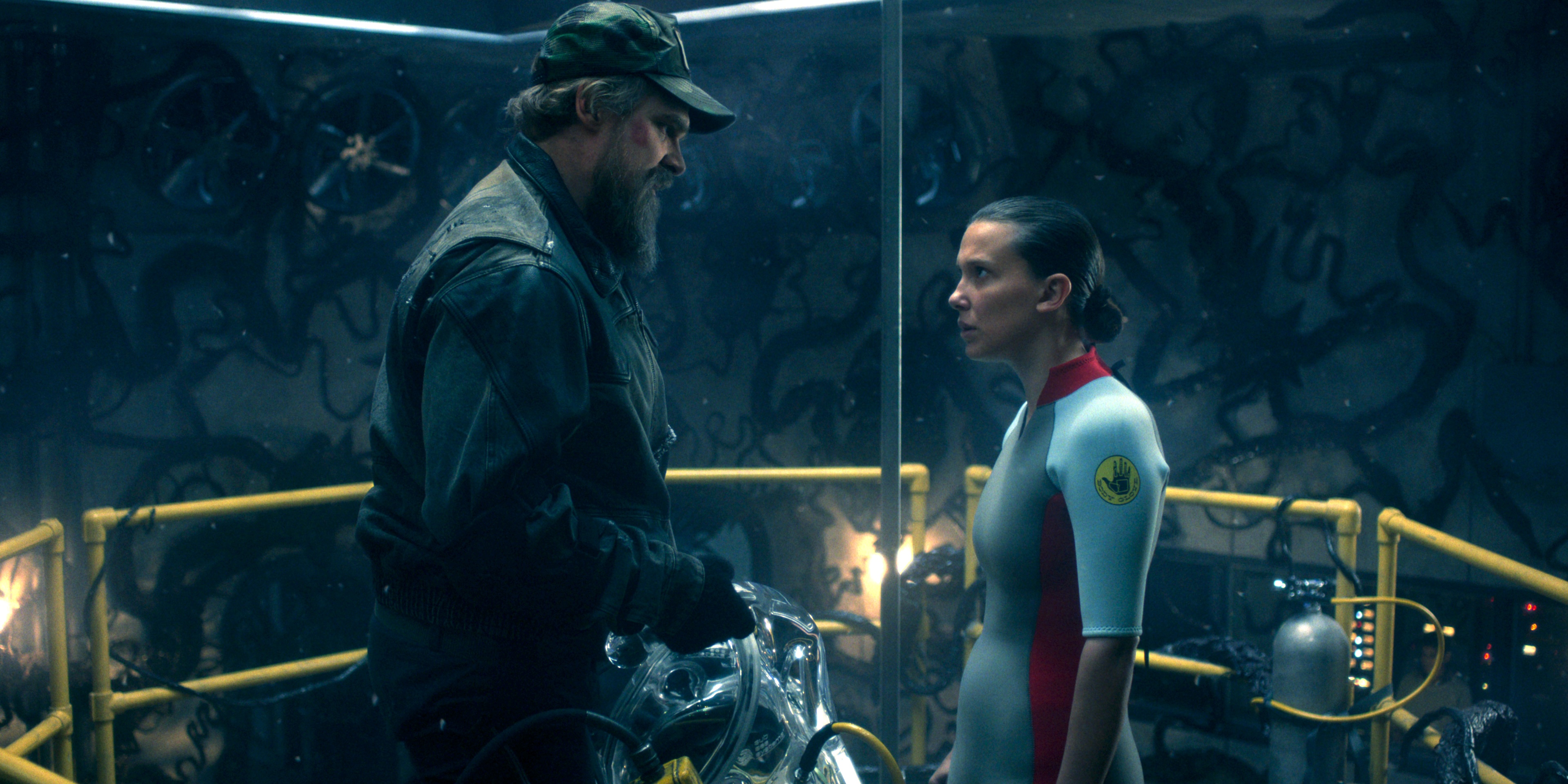 STRANGER THINGS: SEASON 5. (L to R) David Harbour as Jim Hopper and Millie Bobby Brown as Eleven in Stranger Things: Season 5. Cr. COURTESY OF NETFLIX © 2025