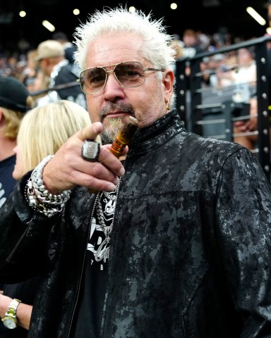 LAS VEGAS, NEVADA - SEPTEMBER 22: TV personality Guy Fieri is seen during a game between the Carolina Panthers and the Las Vegas Raiders at Allegiant Stadium on September 22, 2024 in Las Vegas, Nevada. (Photo by Louis Grasse/Getty Images)
