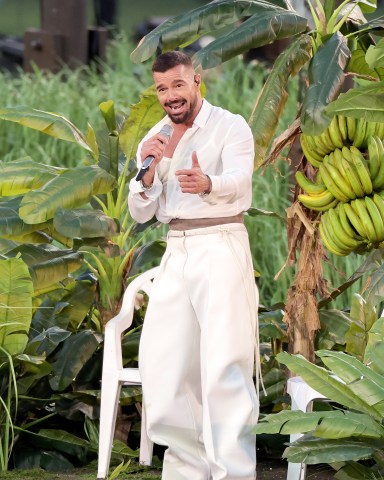 SANTA CLARA, CALIFORNIA - FEBRUARY 08: Ricky Martin performs with Bad Bunny onstage during the Apple Music Super Bowl LX Halftime Show at Levi's Stadium on February 08, 2026 in Santa Clara, California. (Photo by Neilson Barnard/Getty Images)