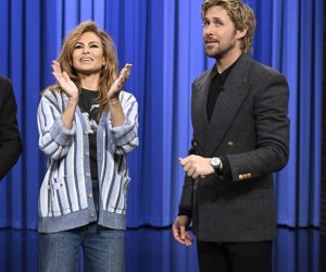 THE TONIGHT SHOW STARRING JIMMY FALLON -- Episode 2261 -- Pictured: (l-r) Host Jimmy Fallon, actress Eva Mendes, and actor Ryan Gosling during a surprise on Thursday, March 5, 2026 -- (Photo by: Todd Owyoung/NBC)