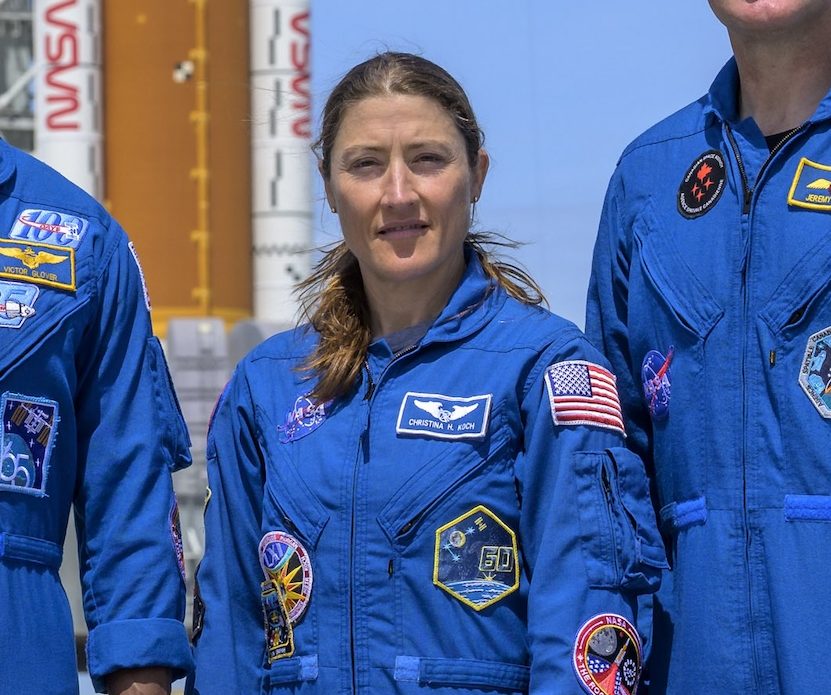 NASA astronauts Reid Wiseman, Artemis II commander, left, Victor Glover, Artemis II pilot, Christina Koch, Artemis II mission specialist, and CSA (Canadian Space Agency) astronaut Jeremy Hansen, Artemis II mission specialist, right, stop for a group photograph as they visit NASA’s Artemis II SLS (Space Launch System) rocket and Orion spacecraft, Monday, March 30, 2026, at Launch Complex 39B of NASA’s Kennedy Space Center in Florida.  Photo Credit: (NASA/Bill Ingalls)